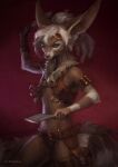  2021 anthro belt big_ears blue_eyes brown_body brown_fur canid canine clothed clothing female fennec fingers fox fur hair hi_res holding_object holding_weapon inner_ear_fluff light lighting mammal melody_(aseethe) midriff portrait red_background saterina shaded simple_background skimpy solo three-quarter_portrait tuft weapon white_hair 