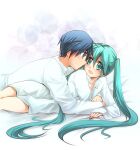  1boy 1girl :d aqua_eyes aqua_hair blue_eyes blue_hair blush closed_mouth collarbone collared_shirt couple dress_shirt eye_contact hatsune_miku hetero jewelry kaito long_hair long_sleeves looking_at_another lying naked_shirt on_side open_mouth ring salovesy shirt short_hair sleeves_past_wrists smile twintails very_long_hair vocaloid wedding_ring white_shirt wing_collar 