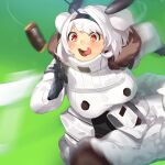 1girl :3 bangs black_gloves black_legwear blurry breasts candy candy_bar coat eyebrows_visible_through_hair food fur_coat gloves highres huge_breasts jam_(nandade) last_origin open_mouth parody pouch running saliva solo t-13_alvis tongue umamusume white_coat white_hair 