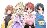  4girls bare_shoulders blonde_hair blue_eyes blue_hair blush brown_eyes brown_hair commentary_request dress earrings eyelashes fuurin_asumi hair_ornament hairclip hanadera_nodoka happy healin&#039;_good_precure highres hiramitsu_hinata japanese_clothes jewelry long_hair looking_at_viewer multiple_girls older open_mouth pre221b precure purple_eyes sawaizumi_chiyu shirt short_hair simple_background sketch smile star_(symbol) star_earrings turtleneck white_background 