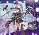  2girls alternate_costume assault_rifle asymmetrical_legwear breasts chibi concert dinergate_(girls_frontline) floral_print g11_(girls_frontline) girls_frontline glowstick green_eyes guitar gun highres hk416_(girls_frontline) hyoin instrument large_breasts long_hair microphone microphone_stand multiple_girls music navel playing_instrument rifle rose_print scope short_shorts shorts silver_hair weapon 