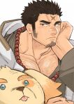  1boy bara bead_necklace beads blush character_doll character_request chest_hair collarbone elbow_rest facial_hair goatee harada_(basashi) hood hooded_jacket jacket jewelry large_pectorals long_sideburns looking_at_viewer male_cleavage male_focus mature_male muscular muscular_male necklace oniwaka_(tokyo_houkago_summoners) open_clothes open_jacket scar_on_forehead short_hair sideburns solo stubble stuffed_animal stuffed_toy tokyo_houkago_summoners upper_body white_jacket 