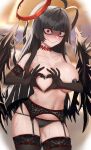  1girl absurdres bangs black_gloves black_hair black_legwear black_panties black_wings blue_archive blunt_bangs blurry blurry_background blush breasts choker closed_mouth elbow_gloves garter_belt garter_straps gloves halo heart heart_hands heart_pasties highres huge_breasts lace_trim long_hair looking_at_viewer low_wings messy_hair panties pasties pumpkin_king red_choker red_eyes solo sweat sweating_profusely thighhighs tsurugi_(blue_archive) underwear very_long_hair wavy_mouth wings 