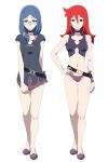  2girls bangs bikini black_choker blue_hair breasts choker closed_mouth dress dress_tug eyebrows_visible_through_hair freckles full_body glasses hair_between_eyes hair_over_shoulder hand_on_hip highres little_witch_academia long_hair looking_at_viewer medium_breasts mismatched_bikini multiple_girls parted_bangs ponytail purple_bikini purple_dress purple_footwear red_eyes red_hair satochi_(twitter) shiny_chariot short_dress simple_background smile standing swimsuit thigh_gap ursula_charistes white_background 