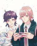  2boys bandaged_arm bandages black_jacket blue_eyes blush collared_shirt commentary_request danganronpa_(series) danganronpa_2:_goodbye_despair genderswap genderswap_(ftm) hair_ornament_removed handheld_game_console hands_up highres holding hood hood_down jacket large_hands male_focus mole mole_under_eye multiple_boys nanami_chiaki necktie open_mouth pink_eyes pink_hair pink_neckwear purple_hair school_uniform shiny shiny_hair shirt short_hair smile spaceship_hair_ornament sparkle tearing_up tsumiki_mikan upper_body zhileng_kong_tiao 