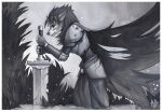  2021 5_fingers andyd anthro armor border breasts canid canine clothed clothing female fingers greyscale mammal monochrome solo traditional_media_(artwork) white_border 