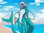  aliasing anthro aquatic_dragon balls blush bodily_fluids bulge clothed clothing crossdressing cum cum_on_leg detailed_background dragon ear_fins erection erection_under_clothing fin genital_fluids genitals girly glistening glistening_body glistening_skin hair horn long_hair lying male marine nipples noah_(artist) on_back on_ground one-piece_swimsuit outside penis pink_nipples poolside solo swimming_pool swimwear tail_fin teal_scales translucent translucent_clothing wet wet_clothing white_hair yellow_eyes 