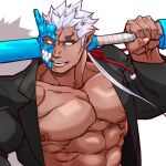  1boy abs alternate_costume bara bare_pecs baseball_bat black_jacket black_pants bulge close-up dark_skin dark_skinned_male face fang feet_out_of_frame half_mask horns jacket kizami_nori_to_yamaimo large_pectorals male_focus monster_boy muscular muscular_male nipples no_pupils open_clothes open_jacket over_shoulder pants portrait short_hair shuten_douji_(tokyo_houkago_summoners) single_horn smile solo stomach tokyo_houkago_summoners white_hair 