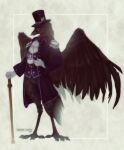  2021 anthro avian beak beverage bird cane clothed clothing corvid corvus_(genus) crow cup digital_media_(artwork) eyewear feathered_wings feathers hat headgear headwear hi_res holding_object male monocle oscine passerine raven simple_background smile solo standing tail_feathers tea top_hat victorian wanderertamplior wings 