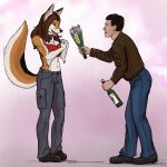  1:1 2021 alcohol anthro beverage breasts canid canine canis clothed clothing domestic_dog duo english_text female fizzymus flower hi_res holidays human ian_curtis male male/female mammal midriff navel plant tanya_(fizzymus) text valentine&#039;s_day wine 