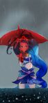  1girl blue_eyes blue_hair blue_skirt blush cloud cloudy_sky commentary_request cure_mermaid detached_sleeves earrings eyelashes go!_princess_precure hair_ornament highres holding holding_umbrella jewelry kaidou_minami long_hair looking_at_viewer magical_girl midriff multicolored_hair navel pleated_skirt precure purple_hair rain red_umbrella rikito1087 shell skirt sky solo standing standing_in_rain streaked_hair two-tone_hair umbrella very_long_hair 