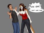  4:3 angry anthro breasts brown_body brown_fur brown_hair canid canine canis cleavage clothed clothing dialogue domestic_dog duo english_text female fizzymus fur grey_background hair human ian_curtis male mammal open_mouth profanity shirt simple_background tank_top tanya_(fizzymus) text tools topwear wrench 