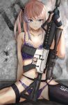  1girl assault_rifle bangs black_gloves black_legwear blue_eyes bra breasts closed_mouth collarbone eyebrows_visible_through_hair fingerless_gloves garter_belt girls_frontline gloves gun hand_on_floor highres holding holding_weapon long_hair looking_at_viewer multicolored_hair navel panties pink_hair purple_bra purple_panties rifle simple_background single_thighhigh sitting sitting_on_floor small_breasts solo spread_legs st_ar-15_(girls_frontline) taishi_karibe thighhighs underwear wall weapon 