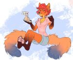  2021 4_toes 5_fingers anthro breasts canid canine clothed clothing digital_media_(artwork) eyebrows eyelashes feet female fingers fur gimka mammal orange_body orange_fur red_eyes smile solo toes 