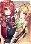  bangs black_gloves blonde_hair breasts chest_jewel earrings fingerless_gloves gloves highres jewelry large_breasts long_hair mythra_(xenoblade) pyra_(xenoblade) red_eyes red_hair short_hair sona_hp swept_bangs tiara very_long_hair xenoblade_chronicles_(series) xenoblade_chronicles_2 yellow_eyes 