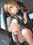  1girl ankle_strap artist_name bangs black_footwear black_gloves black_vest blonde_hair blue_legwear blue_neckwear blush bottle braid breasts brown_skirt cameltoe car_interior collared_shirt commentary_request corset covered_navel dated day drink dutch_angle eyebrows_visible_through_hair girls_frontline gloves green_eyes grey_shirt hand_up highres holding holding_bottle knee_up light_rays looking_down medium_breasts miniskirt necktie one_eye_closed open_mouth panties pantyshot pleated_skirt seat seatbelt shiny shiny_hair shirt shoes short_hair sidelocks signature sitting skirt sleeves_rolled_up socks solo striped striped_vest sunlight tied_hair twitter_username two_side_up underwear upskirt vest welrod_mk2_(girls_frontline) white_panties yukinoshiro 