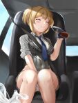  1girl ^_^ bag bangs between_legs black_gloves black_vest blonde_hair blue_neckwear blush bottle braid breasts brown_skirt car_interior closed_eyes closed_mouth collared_shirt commentary_request corset covered_navel day drink eyebrows_visible_through_hair girls_frontline gloves grey_shirt hand_between_legs hand_up happy highres holding holding_bottle knees_together_feet_apart light_rays medium_breasts miniskirt necktie panties pantyshot plastic_bag pleated_skirt seat seatbelt shiny shiny_hair shirt short_hair sidelocks sitting skirt sleeves_rolled_up smile solo striped striped_vest sunlight tied_hair two_side_up underwear upskirt vest welrod_mk2_(girls_frontline) white_panties yukinoshiro 