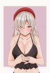  1girl bare_shoulders beret black_shirt blush braid breasts cleavage closed_mouth collarbone eyebrows_visible_through_hair g36c_(girls_frontline) girls_frontline hair_between_eyes hair_over_eyes hand_on_hand hat long_hair looking_at_viewer medium_breasts navel red_eyes red_headwear shirt silver_hair simple_background solo taishi_karibe 