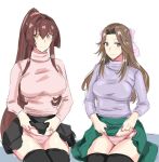  2girls alternate_costume black_skirt blouse breasts brown_eyes brown_hair eyebrows_visible_through_hair forehead green_skirt hair_between_eyes highres jintsuu_(kancolle) kantai_collection ken_(shutenndouji1) large_breasts lifted_by_self long_hair long_sleeves looking_at_viewer medium_breasts multiple_girls panties pink_blouse pink_panties ponytail purple_blouse ribbon sitting skirt skirt_lift thighhighs turtleneck underwear white_background yamato_(kancolle) 