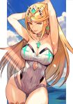  1girl armpits arms_behind_head arms_up bangs bare_shoulders blonde_hair blue_sky breasts chest_jewel choker cleavage collarbone covered_navel earrings highleg highleg_swimsuit hungry_clicker jewelry large_breasts long_hair looking_at_viewer mythra_(xenoblade) one-piece_swimsuit sky smile solo swept_bangs swimsuit thighs tiara white_swimsuit xenoblade_chronicles_(series) xenoblade_chronicles_2 yellow_eyes 