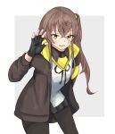  1girl absurdres bangs black_gloves black_legwear black_skirt brown_eyes brown_hair brown_jacket eyebrows_visible_through_hair fingerless_gloves girls_frontline gloves hand_on_back hand_up highres jacket leaning_forward long_hair looking_at_viewer open_clothes open_jacket open_mouth pantyhose scar scar_across_eye shirt simple_background skirt solo standing taishi_karibe ump45_(girls_frontline) white_shirt 