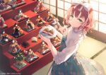  1girl asuka_hina blue_dress bow bow_hairband brown_hair closed_mouth dress food from_behind green_eyes hairband hina_ningyou hinadan hinamatsuri holding holding_plate indoors long_sleeves looking_at_viewer looking_back medium_hair mochi nijisanji plate sakura_mochi shirt smile solo standing statue tatami toosaka_asagi wagashi watermark white_bow white_shirt 