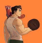  1boy absurdres animal avatar_(series) bara bare_shoulders biceps black_hair bolin cowboy_shot from_side green_eyes green_shorts highres male_focus muscular muscular_male pabu_(avatar) profile short_hair shorts smile solo tank_top the_legend_of_korra weightlifting white_tank_top whyhelbram 