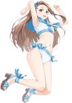  1girl armpits arms_up bare_arms bare_shoulders bikini blue_bow blue_neckwear blue_sailor_collar blush bow breasts brown_footwear brown_hair commentary_request full_body high_heels idolmaster idolmaster_(classic) long_hair minase_iori miri_(ago550421) navel open_mouth purple_eyes sailor_bikini sailor_collar sailor_swimsuit_(idolmaster) sandals simple_background small_breasts solo striped striped_bow swimsuit upper_teeth very_long_hair white_background white_bikini 