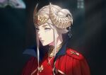  1girl blurry breasts cape capelet dagger edelgard_von_hresvelg fake_horns fire_emblem fire_emblem:_three_houses floating_hair flower forehead hair_ornament hibiscus highres horns layered_skirt long_hair long_sleeves mueririko purple_eyes red_cape red_capelet simple_background skirt solo uniform weapon white_hair 