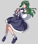  1girl bare_legs bare_shoulders black_footwear blue_skirt blush collared_shirt commentary_request detached_sleeves dress_shirt frog_hair_ornament full_body gohei green_eyes green_hair grey_background hair_ornament hair_tubes highres kochiya_sanae long_hair looking_at_viewer one-hour_drawing_challenge open_mouth renshirenji shiny shiny_hair shiny_skin shirt shoes shoulder_blush skirt sleeveless sleeveless_shirt socks solo touhou two-tone_shirt upper_teeth white_legwear white_shirt 