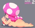  big_butt blush breasts butt cup drinking edit feet female glistening glistening_body hair humanoid long_hair lying mario_bros nintendo not_furry nude nude_edit on_front pink_hair simple_background slightly_chubby soles solo somescrub straw thick_thighs toad_(mario) toadette video_games 