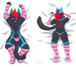  absurd_res anthro armwear bulge butt cal clothing dakimakura_design dakimakura_pose dakimakura_style elbow_gloves felid feline footwear girly gloves handwear heterochromia hi_res male mammal mik0_(artist) socks solo tongue_bulge 