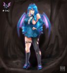  1girl blue_hair breasts gen_1_pokemon golbat hand_on_own_face highres long_hair looking_at_viewer personification pokemon pokemon_(anime) pokemon_(creature) pokemon_(game) sideboob smile solo teeth 