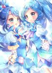  2girls :d artist_request bangs blue_choker blue_eyes blue_hair blue_shirt blue_skirt blush bug butterfly choker color_connection crossover cure_aqua cure_fontaine detached_sleeves dress earrings eyelashes fingerless_gloves flower gloves hair_flower hair_ornament happy healin&#039;_good_precure high_ponytail highres insect jewelry layered_dress long_hair looking_at_viewer magical_girl minazuki_karen multiple_girls open_mouth parted_bangs pink_flower pleated_skirt ponytail precure puffy_short_sleeves puffy_sleeves sawaizumi_chiyu shirt short_dress short_sleeves skirt smile source_request standing very_long_hair vest white_gloves yes!_precure_5 yes!_precure_5_gogo! 