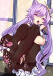  1girl ahegao ass black_legwear brown_legwear censored cum cum_on_feet dress dripping feet frilled_dress frills genshin_impact hair_cones hair_ears heart heart-shaped_pupils heart_censor highres implied_after_sex keqing_(genshin_impact) legs long_hair looking_at_viewer no_shoes open_mouth pantyhose paw_print purple_dress purple_eyes purple_hair pussy pussy_juice saliva soles symbol-shaped_pupils thighs tongue tongue_out twintails vibncent 