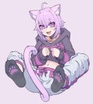  1girl animal_ear_fluff animal_ears black_collar breasts cat_ears cat_girl collar collarbone cowlick english_commentary english_flag fangs feet highres hololive hood hoodie k-rha&#039;s looking_to_the_side medium_breasts navel nekomata_okayu open_mouth pants paw_print purple_background purple_hair reward_available short_hair smile socks soles solo sweatpants virtual_youtuber 