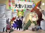  2girls ahoge banner blonde_hair blurry blurry_background bowl bowl_stack cloak commentary dogmatika_ecclesia_the_virtuous dragon dragon_girl dragon_horns dragonmaid_parla duel_monster eater_of_millions gloves green_cloak green_eyes green_hair grey_eyes hair_ornament highres holding holding_bowl horns hungry_burger long_hair maid maid_headdress multiple_girls odd-eyes_pendulum_dragon official_alternate_costume open_mouth ponytail shaded_face sharp_teeth slit_pupils spiral_eyes tearing_up teeth translated yasososu yellow_eyes yu-gi-oh! yu-gi-oh!_arc-v 