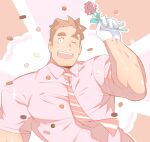  1boy bara facial_hair flower formal highres holding holding_flower katashi_(hokawazu) large_pectorals light_brown_hair male_focus mature_male muscular muscular_male necktie_between_pecs one_eye_closed original pink_shirt rose saturday_(hokawazu) shirt short_hair short_sleeves sideburns solo stubble thick_eyebrows upper_body valentine 