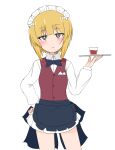  1girl ame_(amechan17391739) apron bangs bartender black_apron black_neckwear blonde_hair blunt_bangs bob_cut bow bowtie brown_vest closed_mouth commentary cowboy_shot cup cutlass_(girls_und_panzer) dress_shirt drinking_glass eyebrows_visible_through_hair frilled_apron frills frown girls_und_panzer hand_on_hip handkerchief highres holding holding_tray light_blush long_sleeves looking_at_viewer maid_headdress miniskirt pleated_skirt school_uniform shirt short_hair shot_glass simple_background skirt solo standing tray vest waist_apron white_background white_shirt white_skirt wing_collar yellow_eyes 