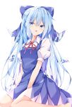  1girl :o alternate_hair_length alternate_hairstyle barefoot between_legs blue_dress blue_eyes blue_hair breasts cirno commentary_request dress eyebrows_visible_through_hair hair_between_eyes hair_ribbon hand_between_legs head_tilt highres kuraaken light_blush long_hair looking_at_viewer pinafore_dress puffy_short_sleeves puffy_sleeves red_neckwear red_ribbon ribbon shirt short_sleeves simple_background sitting small_breasts solo touhou very_long_hair wariza white_background white_shirt wings 