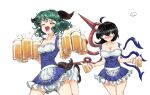  2girls :d ahoge alternate_costume animal_ears apron asymmetrical_wings barmaid beer_mug black_footwear black_hair blue_dress blush breasts calf_socks cleavage closed_eyes commentary constricted_pupils cowboy_shot cup curly_hair dress embarrassed frilled_skirt frills green_hair hair_between_eyes highres holding holding_cup houjuu_nue kasodani_kyouko large_breasts looking_down medium_breasts mug multiple_girls open_mouth red_eyes short_hair simple_background skirt smile standing standing_on_one_leg sunyup tail touhou waist_apron white_background white_legwear wings 