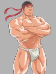  1boy abs bara black_hair bulge collarbone crossed_arms fundoshi headband highres japanese_clothes large_pectorals looking_at_viewer male_focus mature_male muscular muscular_male navel ryu_(street_fighter) short_hair sideburns solo stomach street_fighter tetsu_(kurotetsu1379) thick_thighs thighs underwear underwear_only white_male_underwear wind 