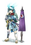 1girl :p alternate_costume arm_guards bandaged_arm bandaged_leg bandages bangs barefoot_sandals blue_capelet blue_eyes blue_hair blue_skirt blush_stickers capelet closed_mouth commentary_request full_body geta glowing_horns heterochromia highres horns karakasa_obake katana leaf looking_at_viewer looking_to_the_side magatama mask mask_removed oni_mask parasite_oyatsu parody red_eyes rope rope_belt sheath shin_guards shirt short_hair simple_background skirt solo standing style_parody sword tatara_kogasa tears tongue tongue_out touhou umbrella weapon white_background white_shirt zun_(style) 