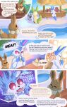  absurd_res ambiguous_gender canid canine comic detailed_background dialogue eating eevee eeveelution english_text eti_(utopianvee) feral food fruit group hi_res leafeon male mammal nintendo open_mouth plant pok&eacute;mon pok&eacute;mon_(species) poochyena speech_bubble summer sylveon text utopianvee video_games watermark 