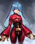  1girl bangs belt blue_hair blush bodysuit breasts chaps cropped_jacket cryokinesis gloves highres hoai_vu jacket kula_diamond long_hair looking_at_viewer medium_breasts purple_eyes red_eyes simple_background smile solo the_king_of_fighters the_king_of_fighters_2000 zipper 