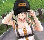  1girl backpack bag black_headwear blush braid breasts closed_mouth collarbone eyebrows_visible_through_hair french_braid girls_frontline green_eyes green_hair hand_on_head hand_on_headwear heterochromia highres long_hair looking_at_viewer road simple_background smile solo_focus street tac-50_(girls_frontline) taishi_karibe yellow_eyes 