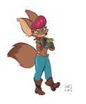  2021 anthro boots brown_body brown_fur canid canine clothing female fennec footwear fox fur green_eyes hair harem_outfit mammal midriff money multicolored_body multicolored_fur navel nebila_sejahk osato-kun pink_hair solo 