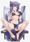  1girl bangs bare_shoulders bikini black_bikini black_gloves blush breasts cleavage collarbone earrings genshin_impact gloves hair_ornament high_heels highres jewelry keqing_(genshin_impact) long_hair looking_at_viewer medium_breasts navel open_mouth parfaitlate purple_eyes purple_hair sitting swimsuit twintails 