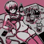  1girl :t akairiot alcohol animal_collar apple bdsm between_breasts bondage bound bra breasts cellphone collar cupcake eyebrows_visible_through_hair food food_on_breasts fruit glass highres leash limited_palette lying medium_breasts mole mole_under_eye multicolored_hair navel on_back on_table original panties phone pizza_slice short_hair skindentation smartphone solo striped striped_legwear table thick_eyebrows thighhighs thighs two-tone_hair underwear underwear_only vertical-striped_legwear vertical_stripes wrist_straps 