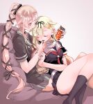  black_serafuku blonde_hair chocolate finger_licking hair_flaps hair_ornament hair_ribbon hairclip kantai_collection licking long_hair multiple_girls n-mori pink_hair ponytail remodel_(kantai_collection) ribbon school_uniform serafuku very_long_hair yura_(kancolle) yuri yuudachi_(kancolle) 